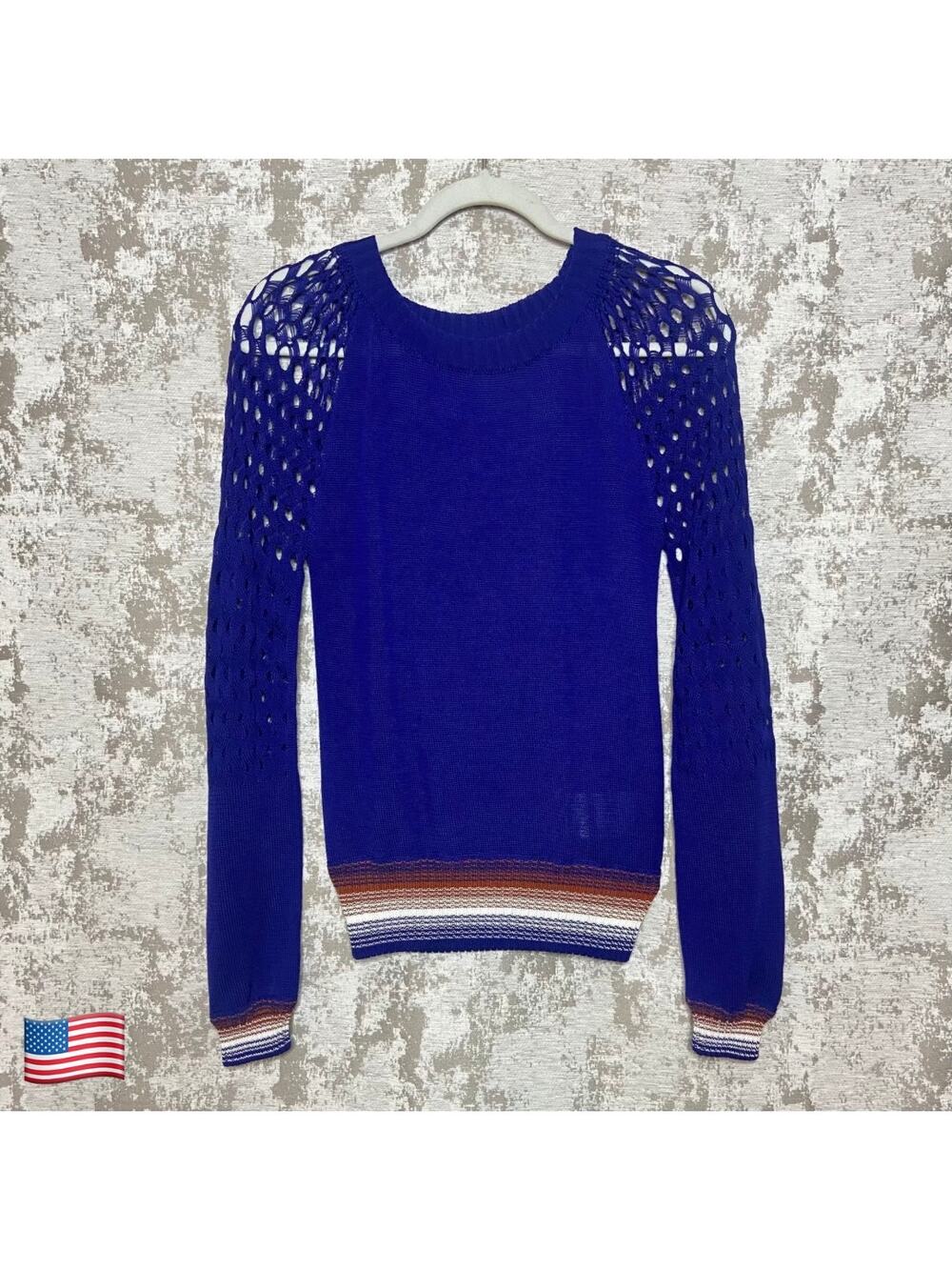 Missoni 100% Cotton Wave Open Knit Sleeve Sweater in Blue